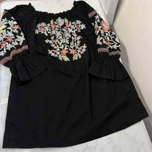 Free People Fleur Du Jour Mini Black Puffy Sleeve Small Embroidered Boho Dress